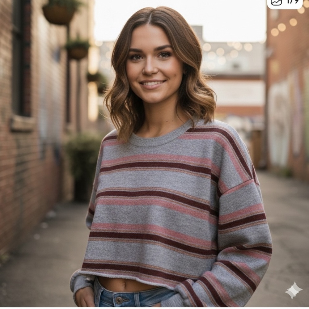 Wild Fable Striped Cropped Sweatshirt in Red and Gray - Picture 1 of 10